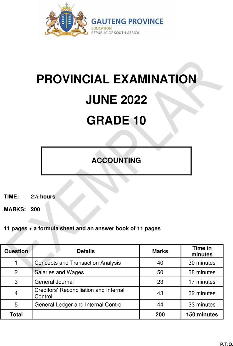 Grade 10 Provincial Exam Accounting P1 Ng June 2022 QP