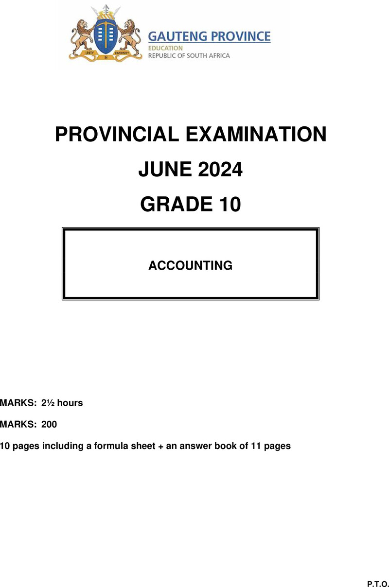 Grade 10 Provincial Exam Accounting P1 Ng June 2024 QP