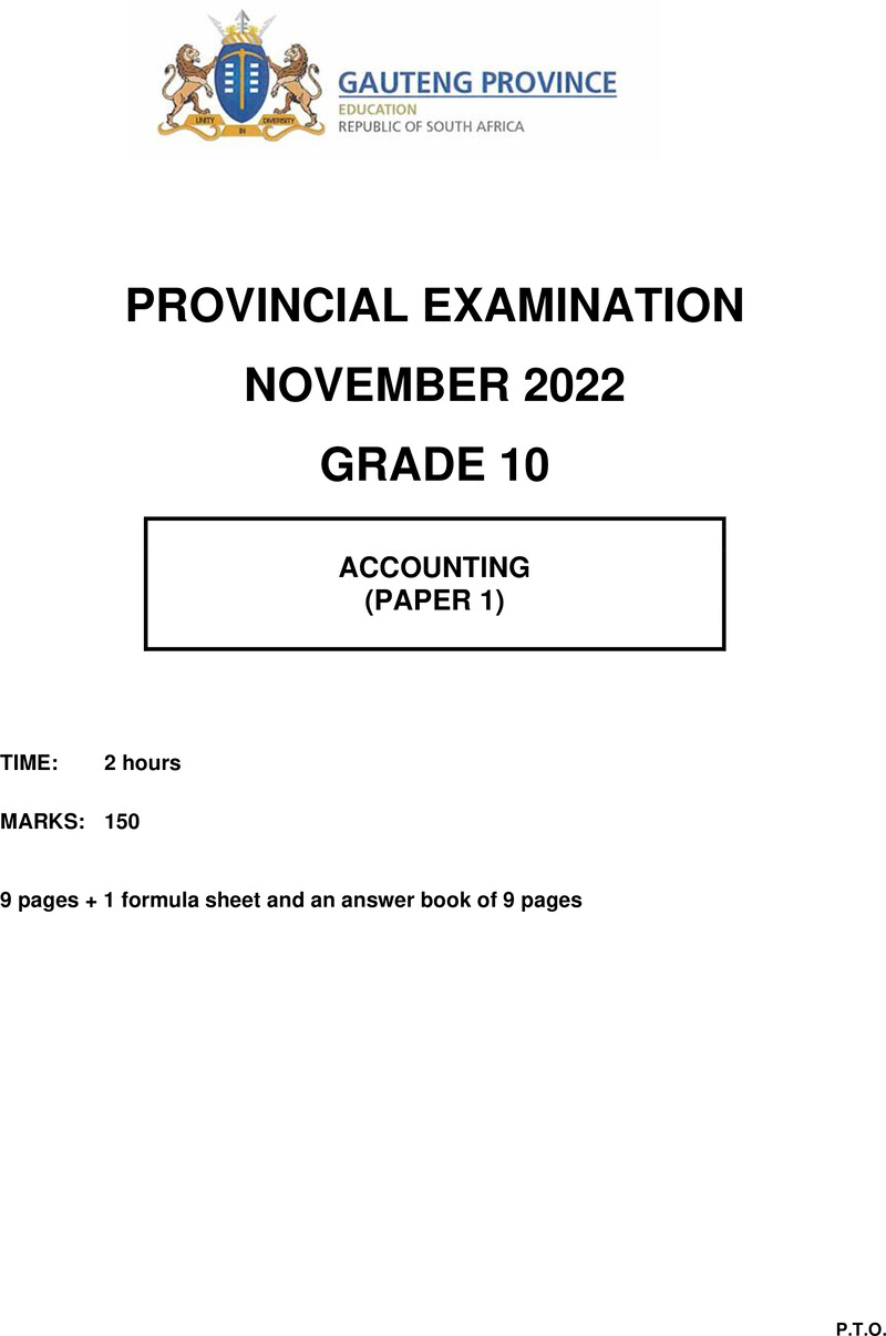 Grade 10 Provincial Exam Accounting P1 Ng November 2022 QP