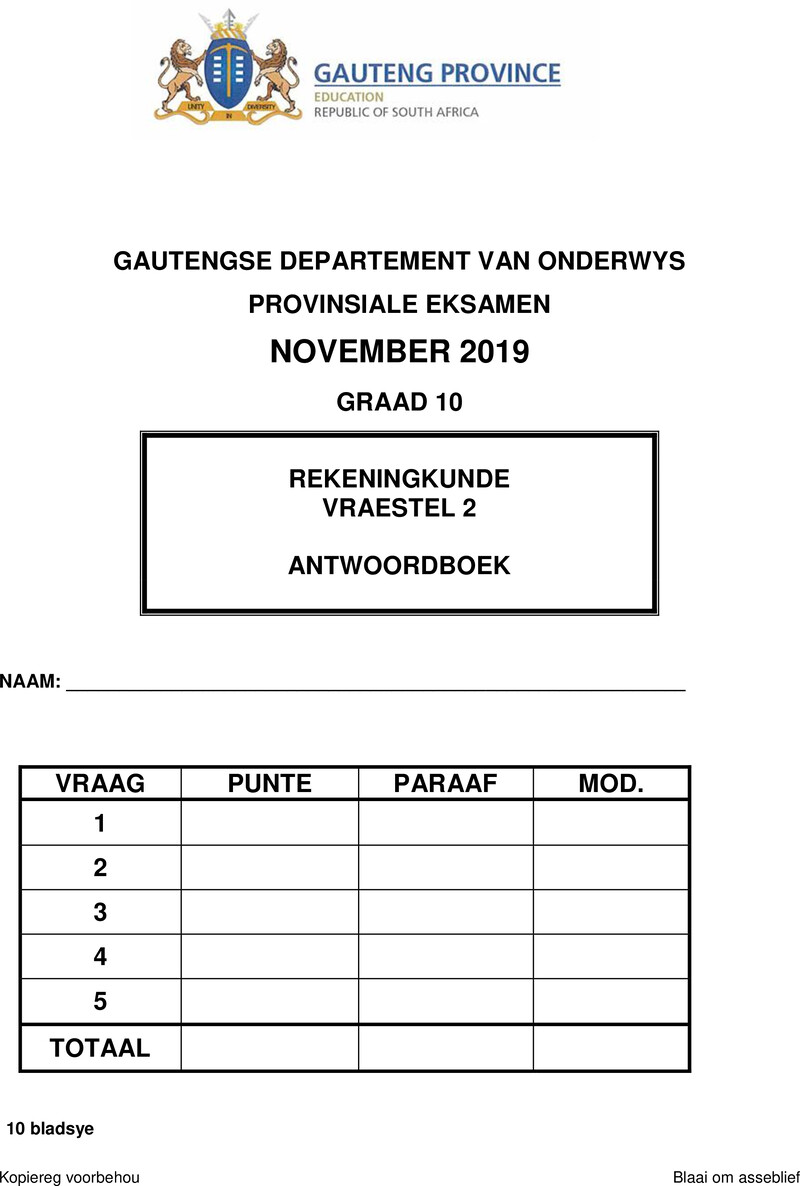 Grade 10 Provincial Exam Accounting P2 Afr November 2019 Answer Book