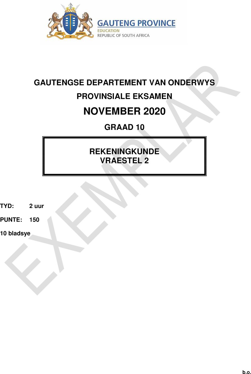 Grade 10 Provincial Exam Accounting P2 Afr 2020 Exemplars QP