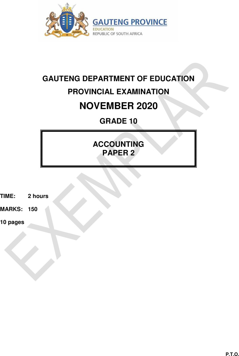 Grade 10 Provincial Exam Accounting P2 Ng 2020 Exemplars QP