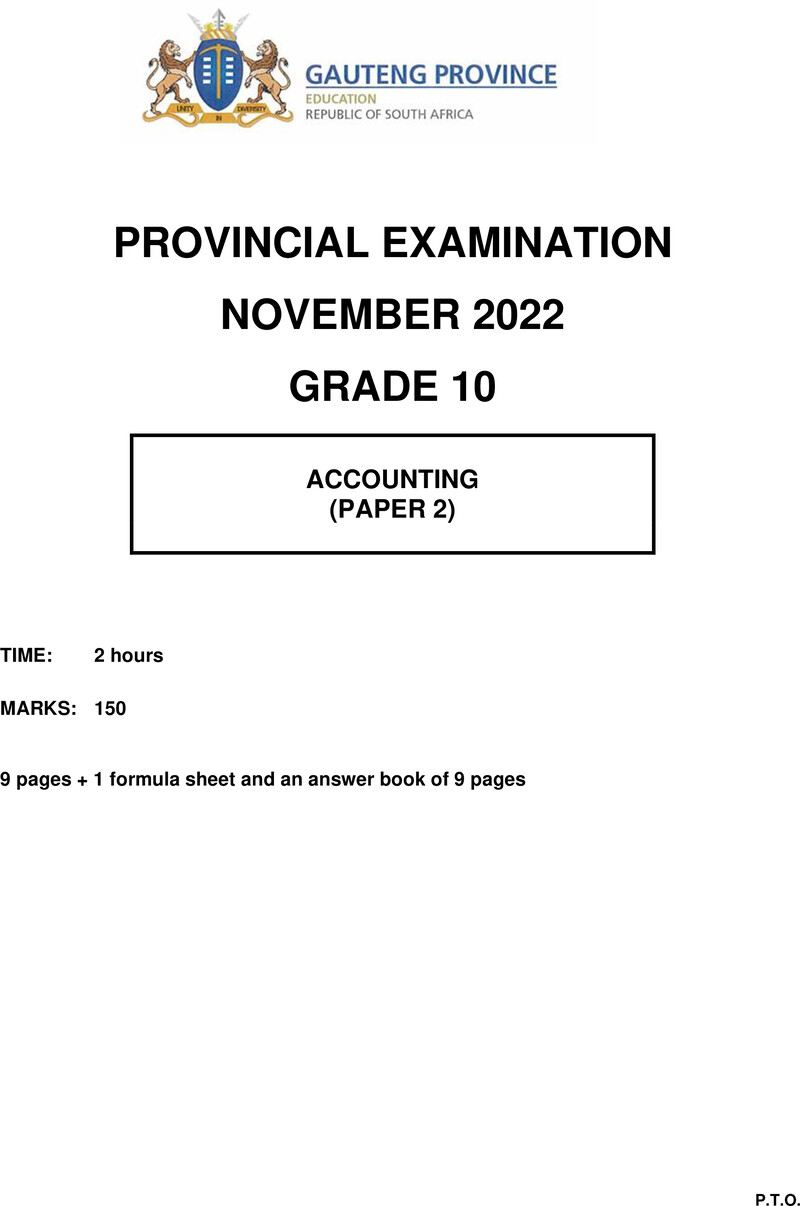 Grade 10 Provincial Exam Accounting P2 Ng November 2022 QP