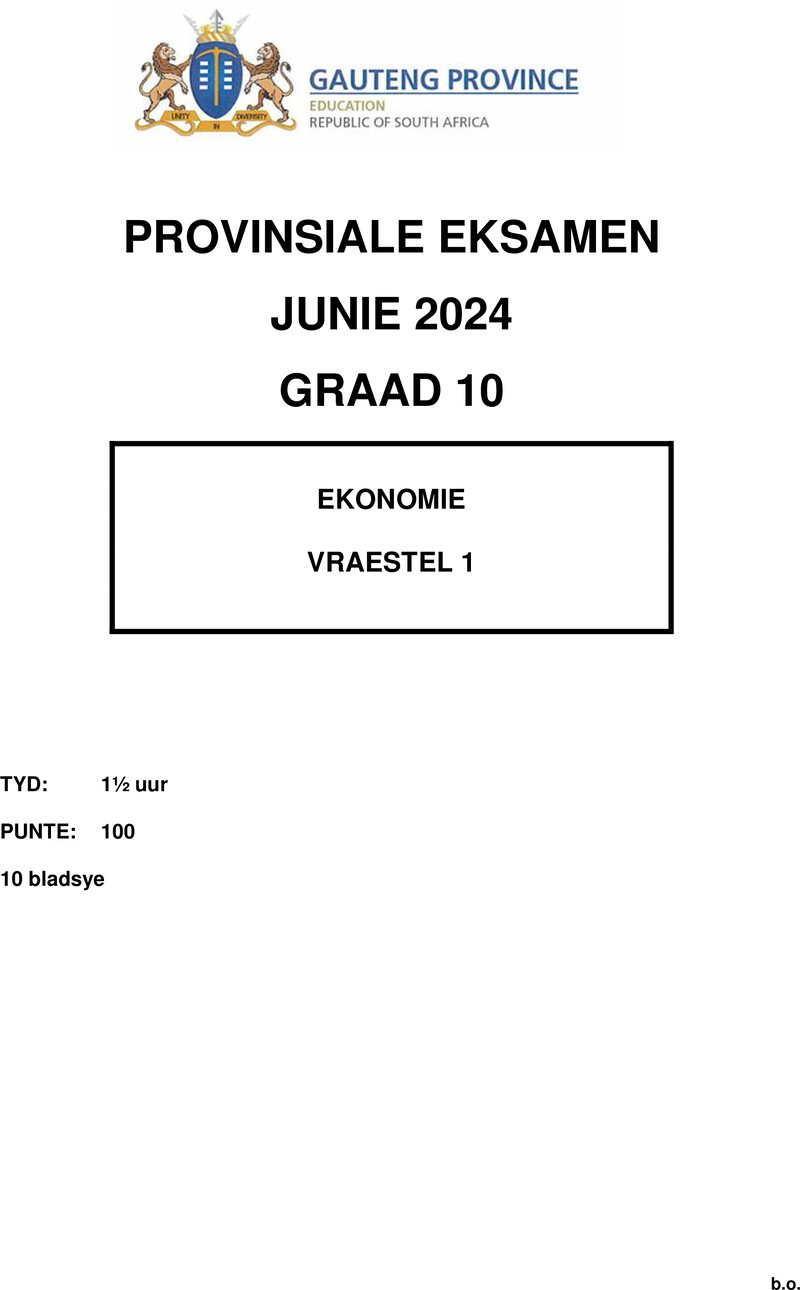 Grade 10 Provincial Exam Economics P1 Afr June 2024 QP