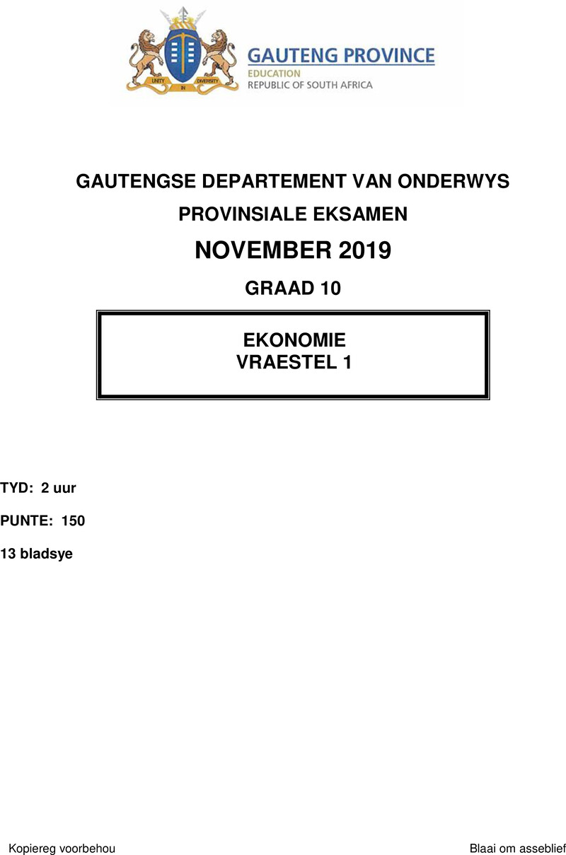 Grade 10 Economics past paper 2019 – grade 10 provincial exam economics p1 afr qp