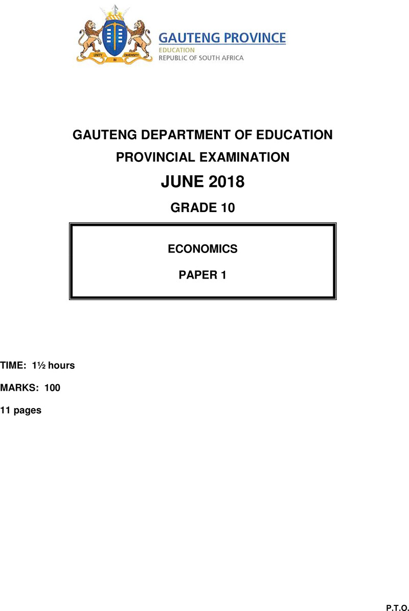 Grade 10 Provincial Exam Economics P1 Ng June 2018 QP