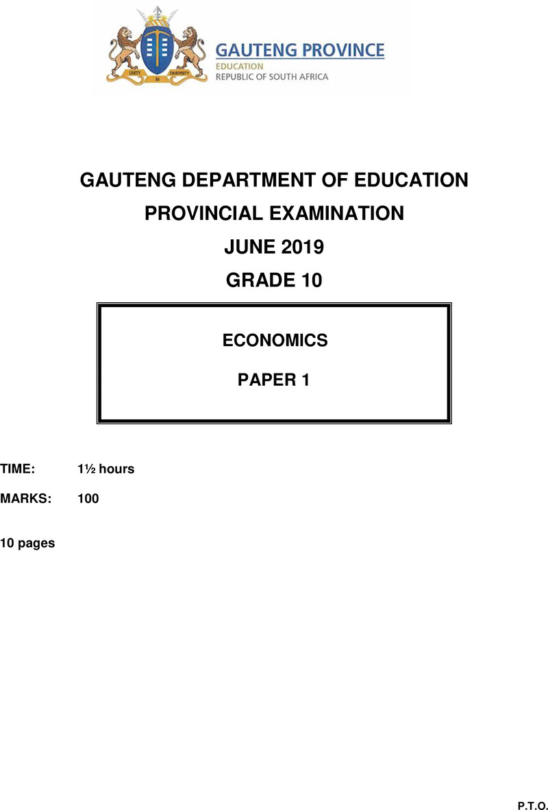 Grade 10 Provincial Exam Economics P1 Ng June 2019 QP