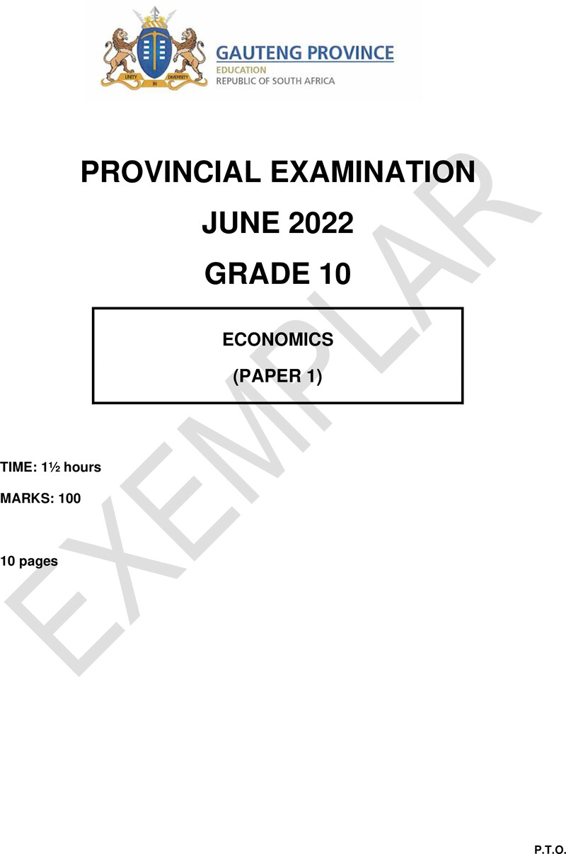 Grade 10 Provincial Exam Economics P1 Ng June 2022 QP
