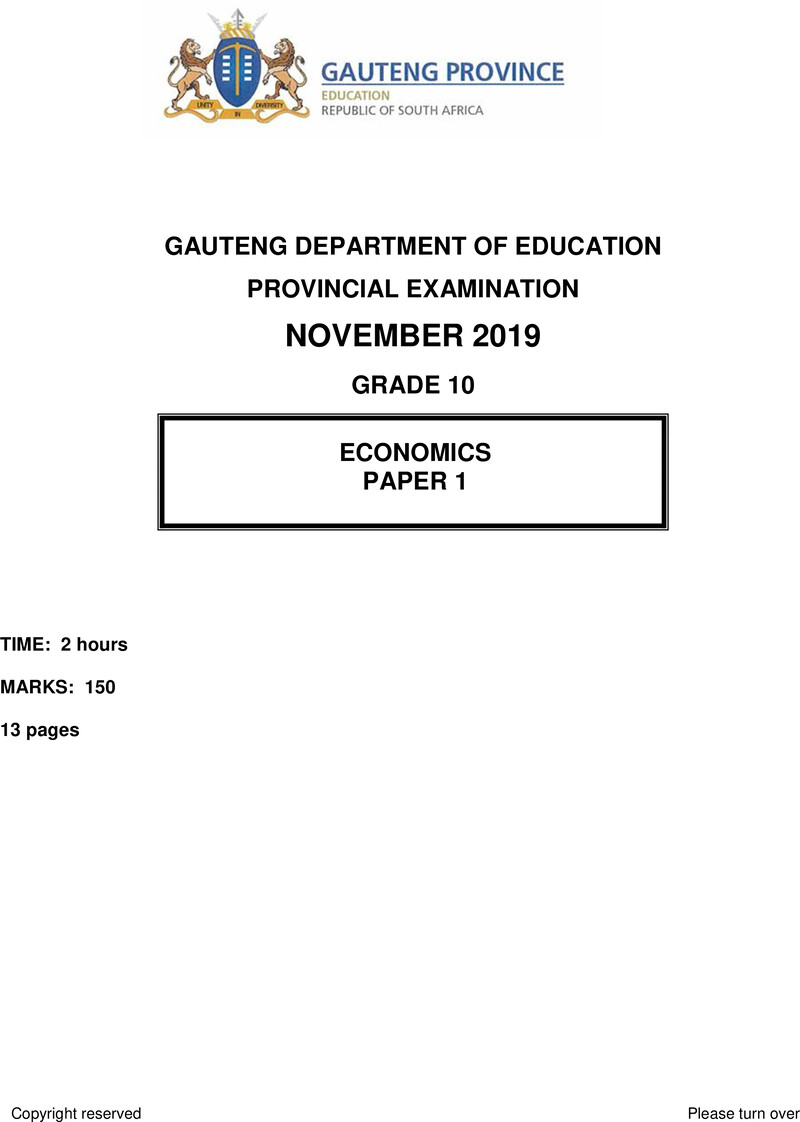 Grade 10 Provincial Exam Economics P1 Ng November 2019 QP