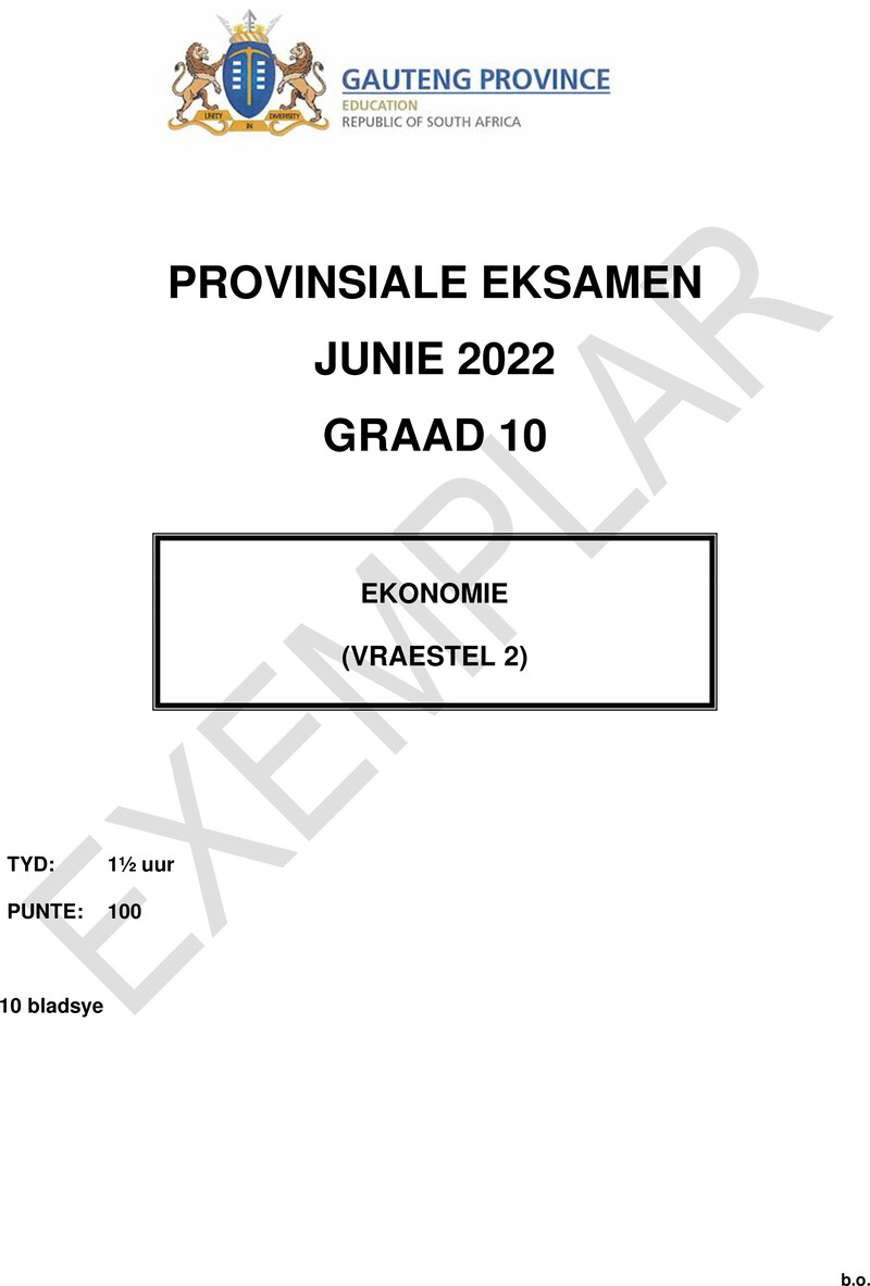 Grade 10 Economics past paper 2022 – grade 10 provincial exam economics p2 afr june 2022 qp