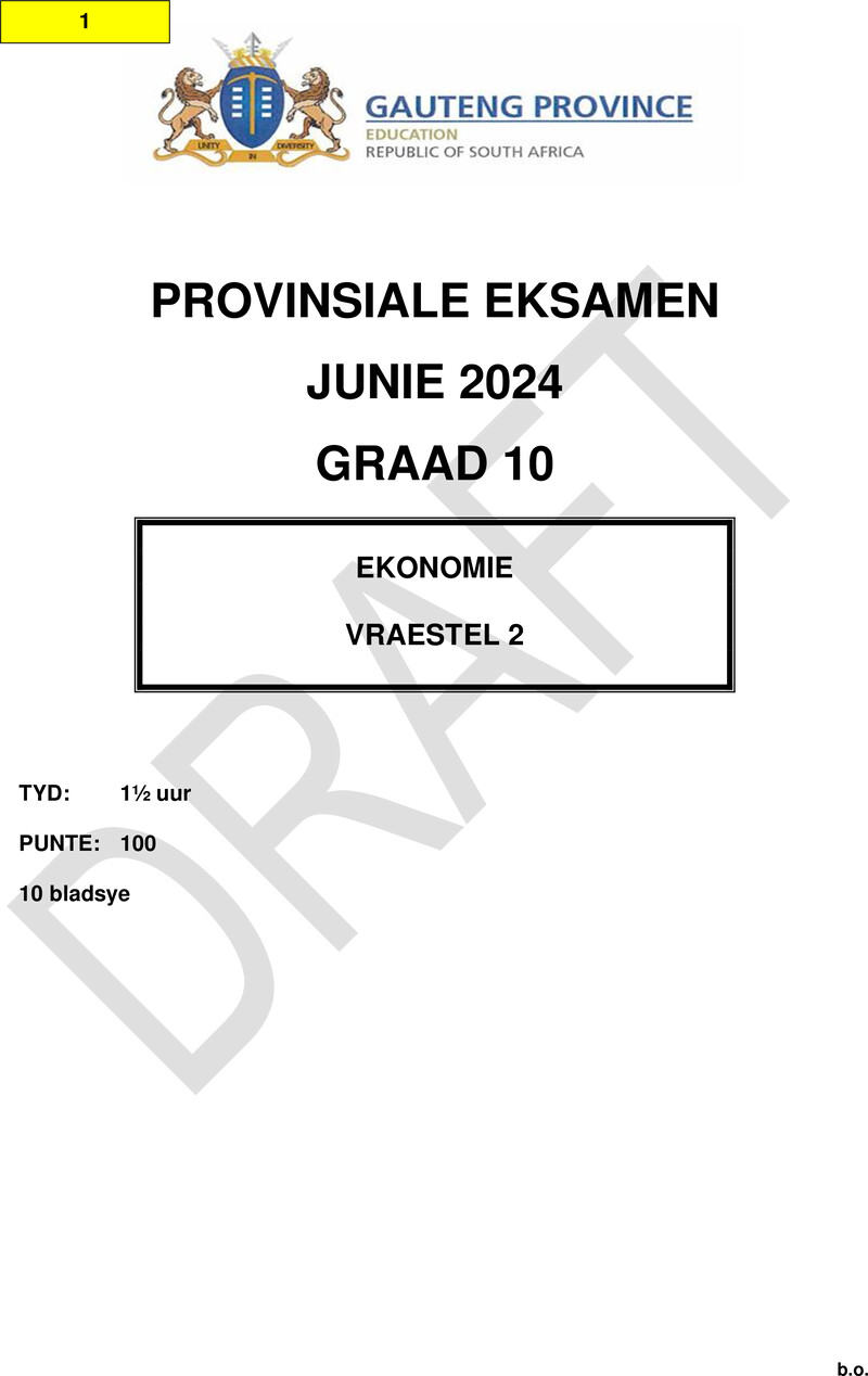 Grade 10 Provincial Exam Economics P2 Afr June 2024 QP