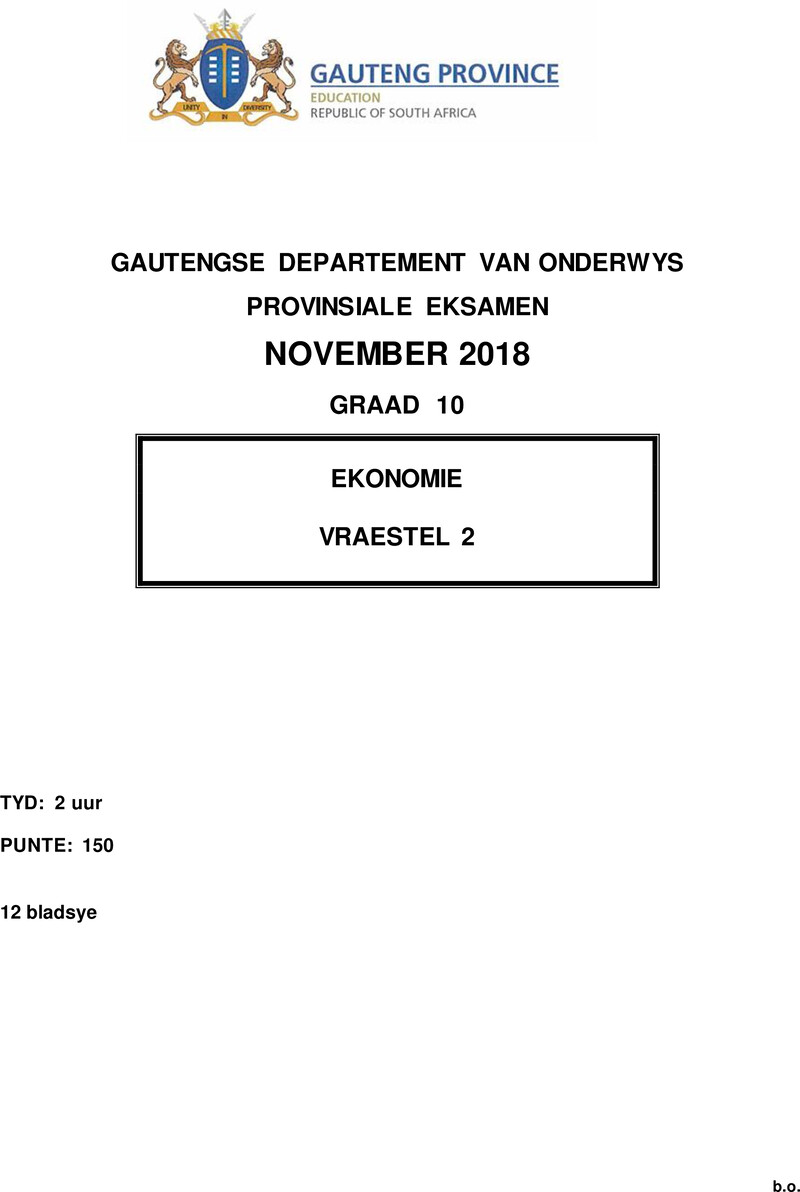 Grade 10 Provincial Exam Economics P2 Afr November 2018 QP