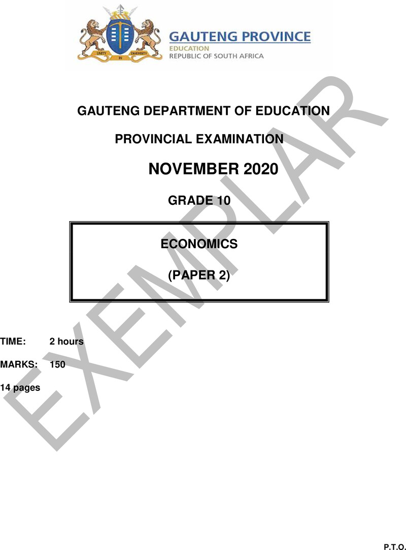 Grade 10 Provincial Exam Economics P2 Ng 2020 Exemplars QP