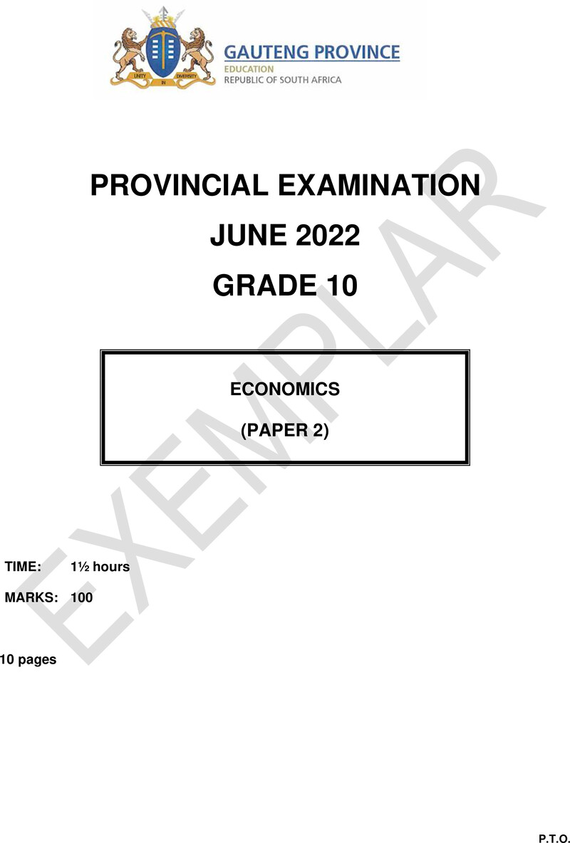 Grade 10 Provincial Exam Economics P2 Ng June 2022 QP