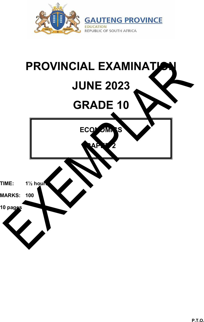 Grade 10 Provincial Exam Economics P2 Ng June 2023 QP