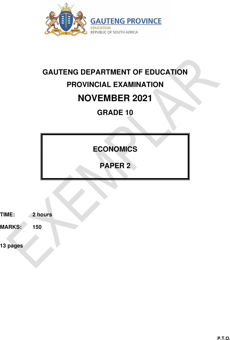 Grade 10 Provincial Exam Economics P2 Ng November 2021 QP