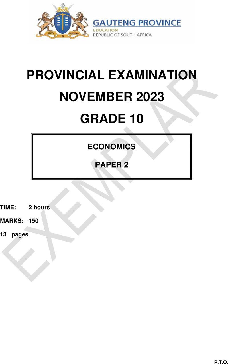 Grade 10 Provincial Exam Economics P2 Ng November 2023 QP