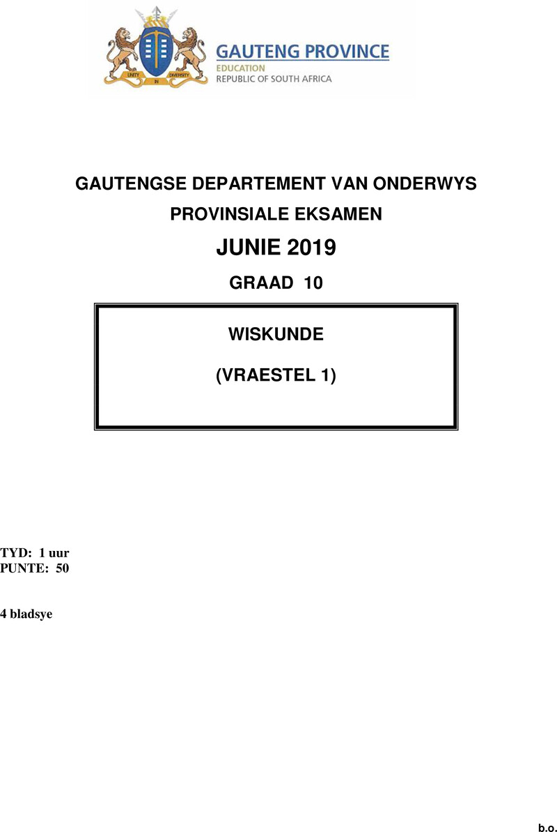 Grade 10 Provincial Exam Mathematics P1 Afr June 2019 QP