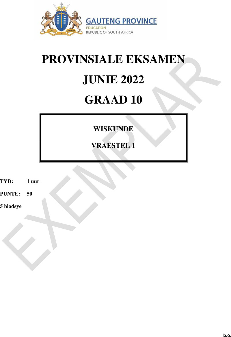 Grade 10 Provincial Exam Mathematics P1 Afr June 2022 QP
