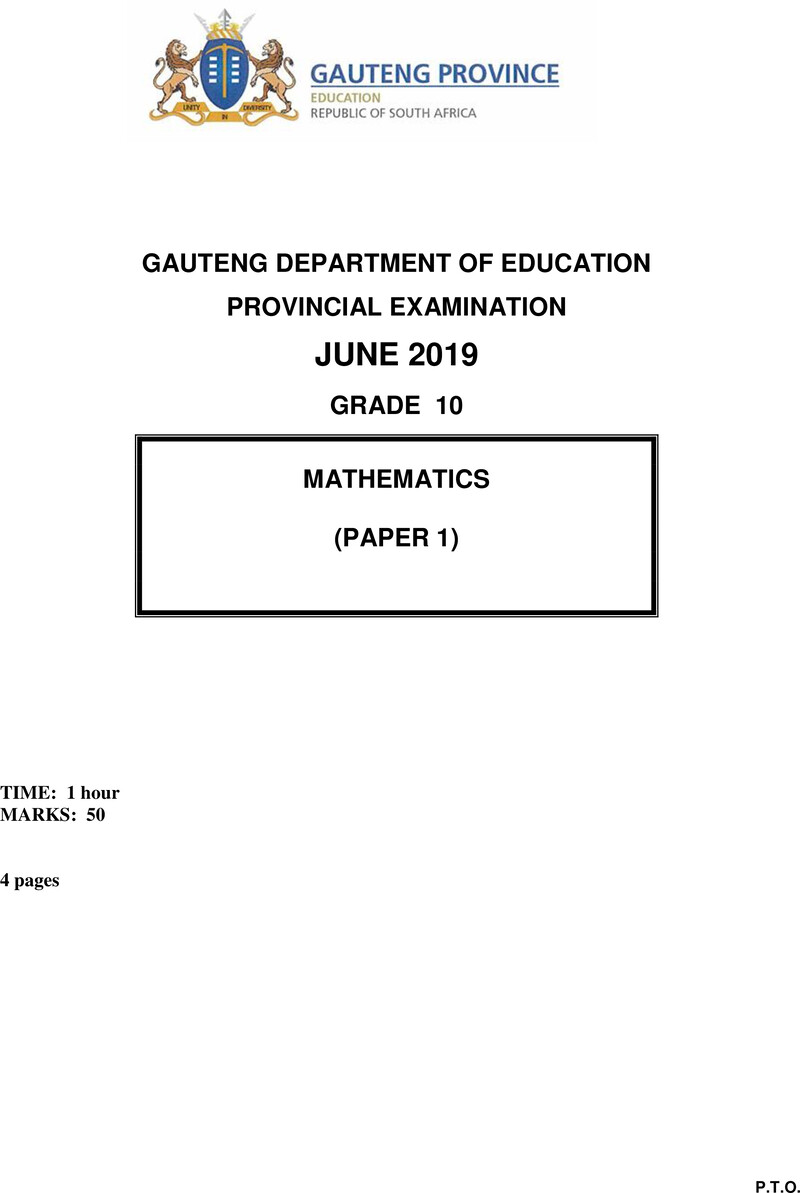 Grade 10 Provincial Exam Mathematics P1 Ng June 2019 QP