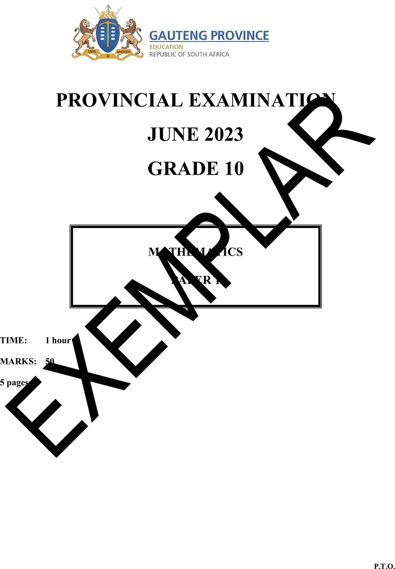 Grade 10 Provincial Exam Mathematics P1 Ng June 2023 QP