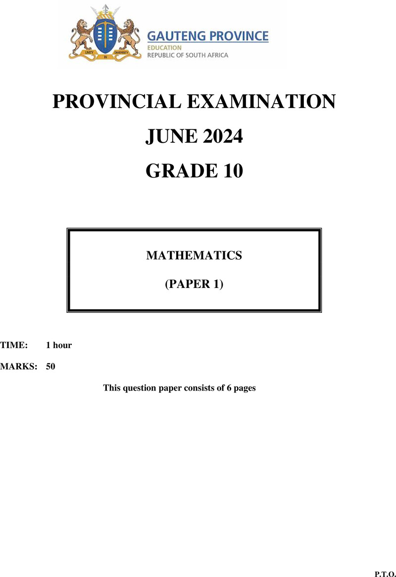 Grade 10 Provincial Exam Mathematics P1 Ng June 2024 QP