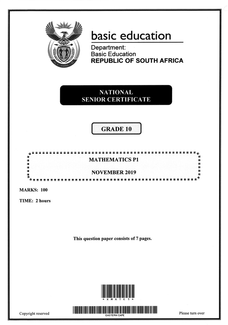 Grade 10 Mathematics past paper 2019 – grade 10 provincial exam mathematics p1 ng november 2019 qp