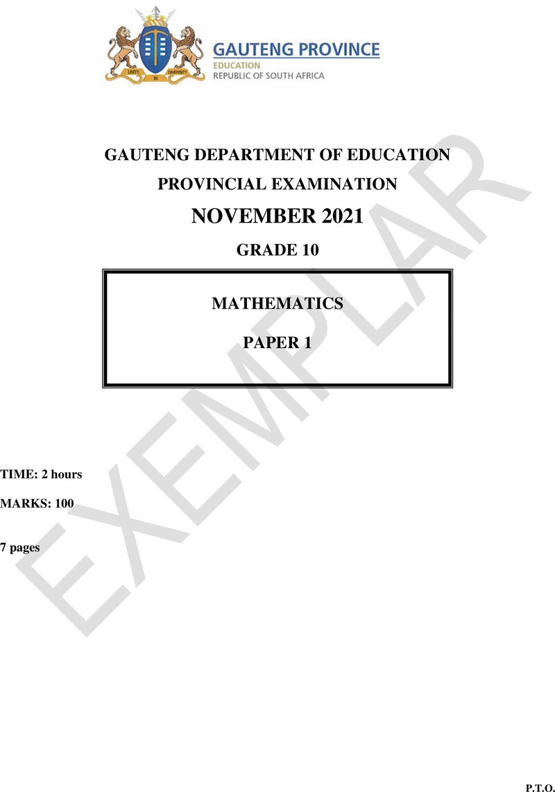 Grade 10 Mathematics past paper 2021 – grade 10 provincial exam mathematics p1 ng november 2021 qp