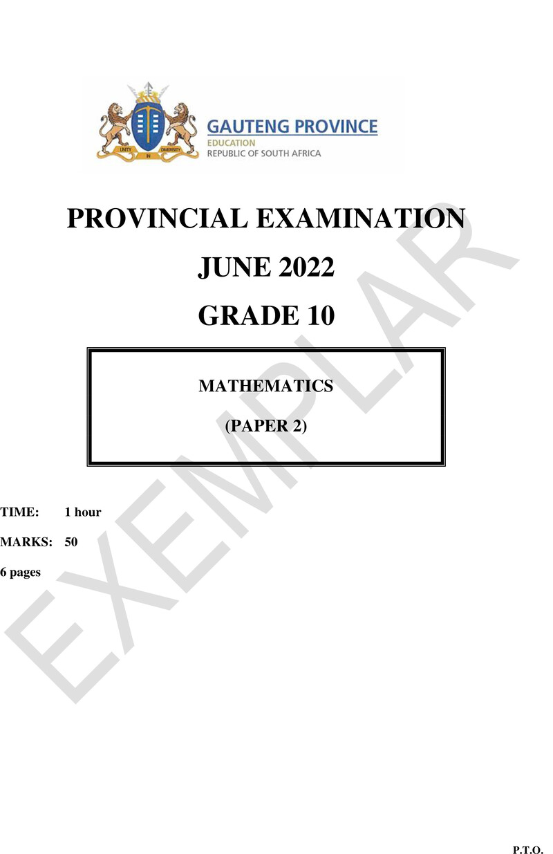 Grade 10 Provincial Exam Mathematics P2 Ng June 2022 QP