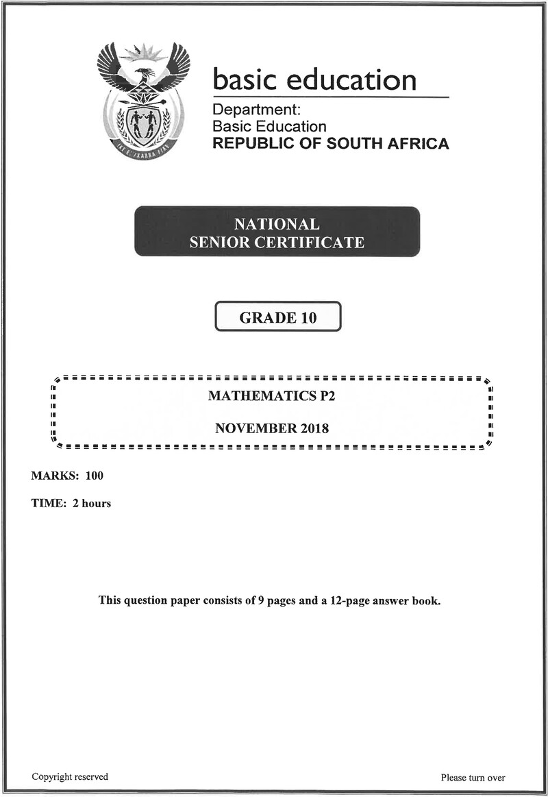 Grade 10 Mathematics past paper 2018 – grade 10 provincial exam mathematics p2 ng november 2018 qp