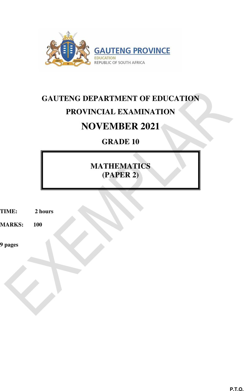 Grade 10 Provincial Exam Mathematics P2 Ng November 2021 QP