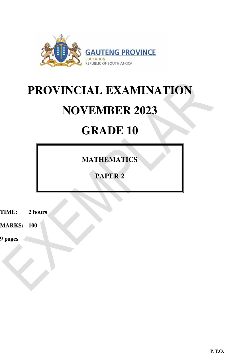 Grade 10 Provincial Exam Mathematics P2 Ng November 2023 QP