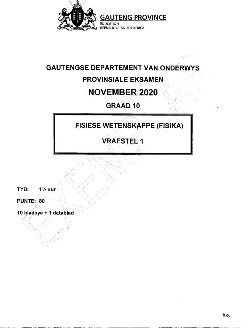 Grade 10 Provincial Exam Physical Sciences P1 Afr 2020 Exemplars QP