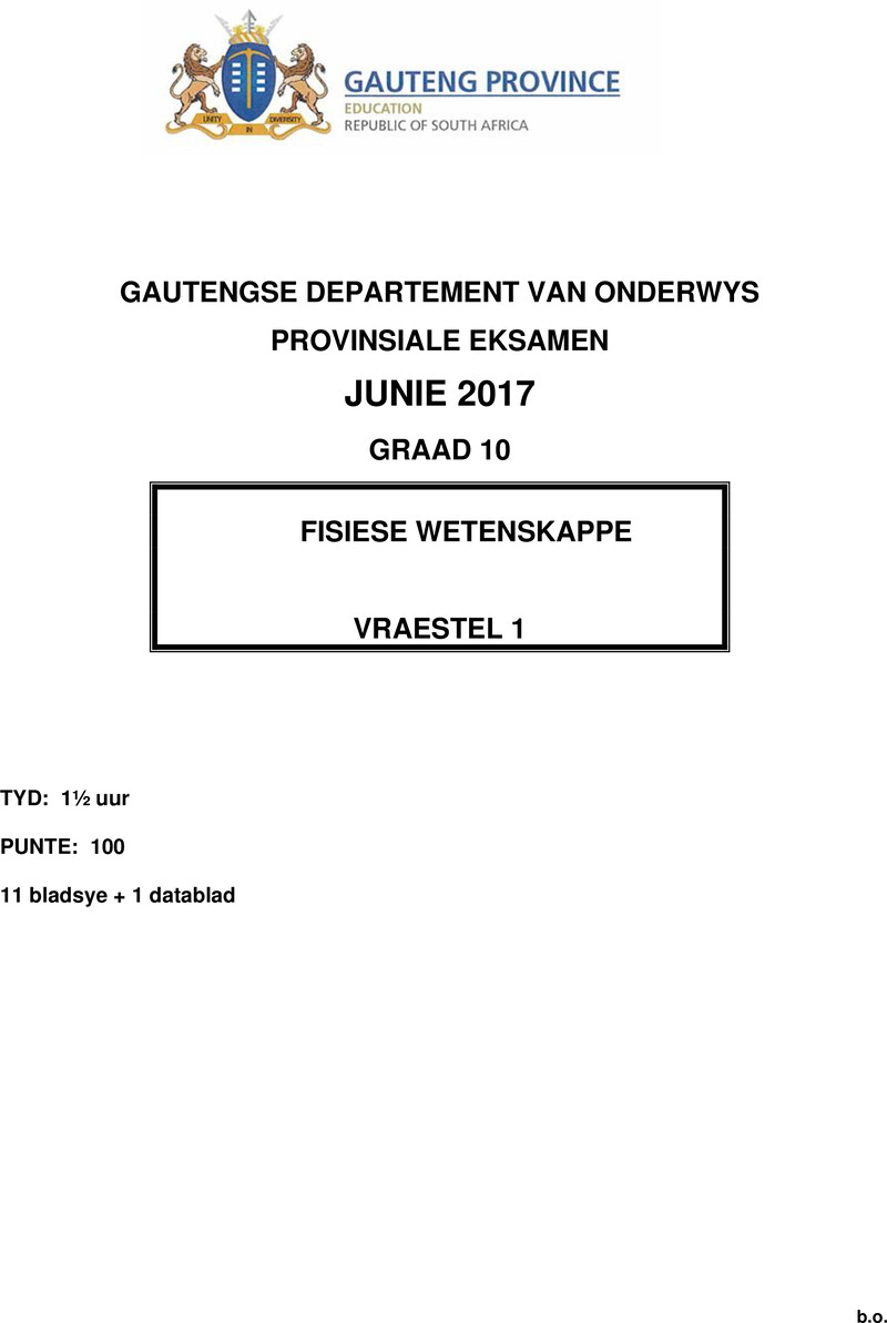 Grade 10 Provincial Exam Physical Sciences P1 Afr June 2017 QP