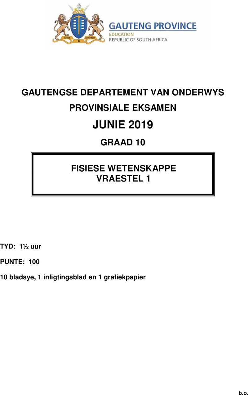 Grade 10 Provincial Exam Physical Sciences P1 Afr June 2019 QP