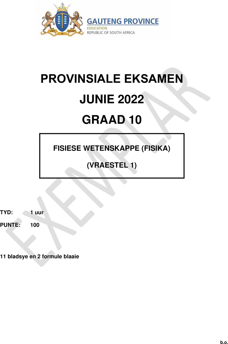 Grade 10 Provincial Exam Physical Sciences P1 Afr June 2022 QP