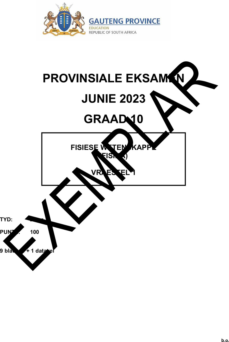 Grade 10 Provincial Exam Physical Sciences P1 Afr QP