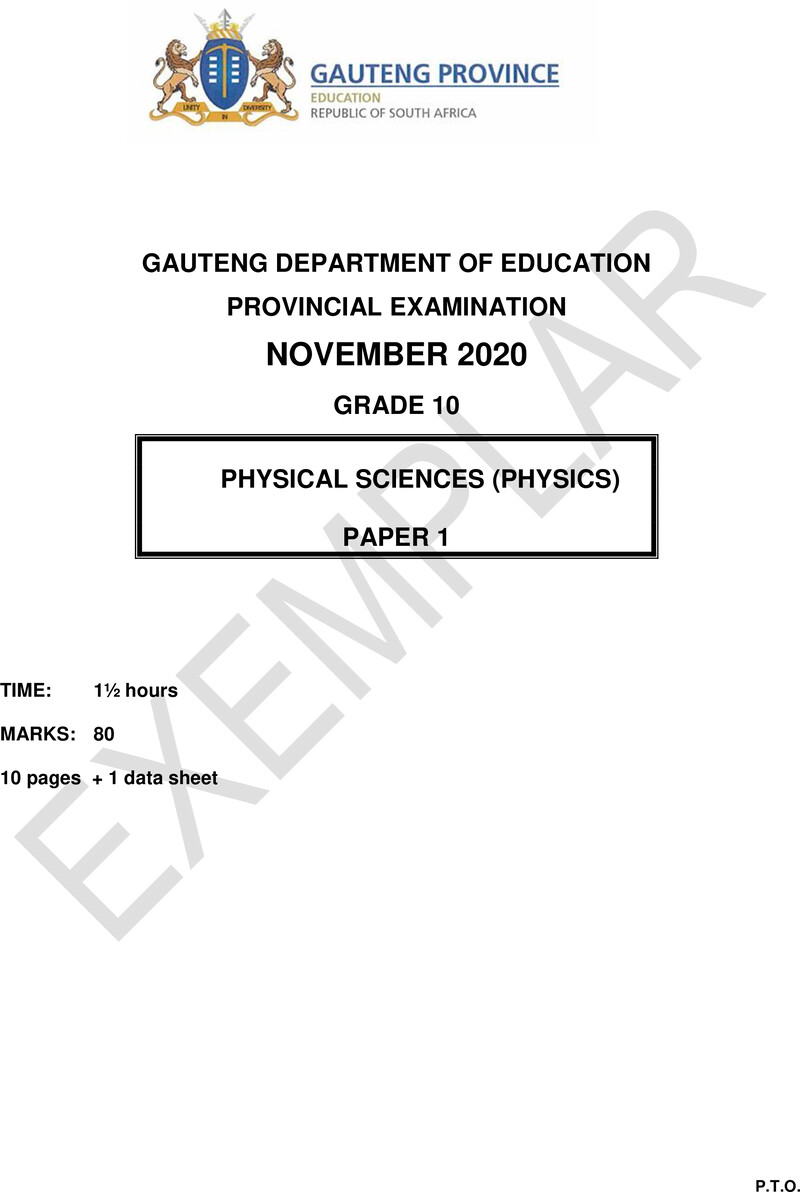 Grade 10 Provincial Exam Physical Sciences P1 Ng 2020 Exemplars QP