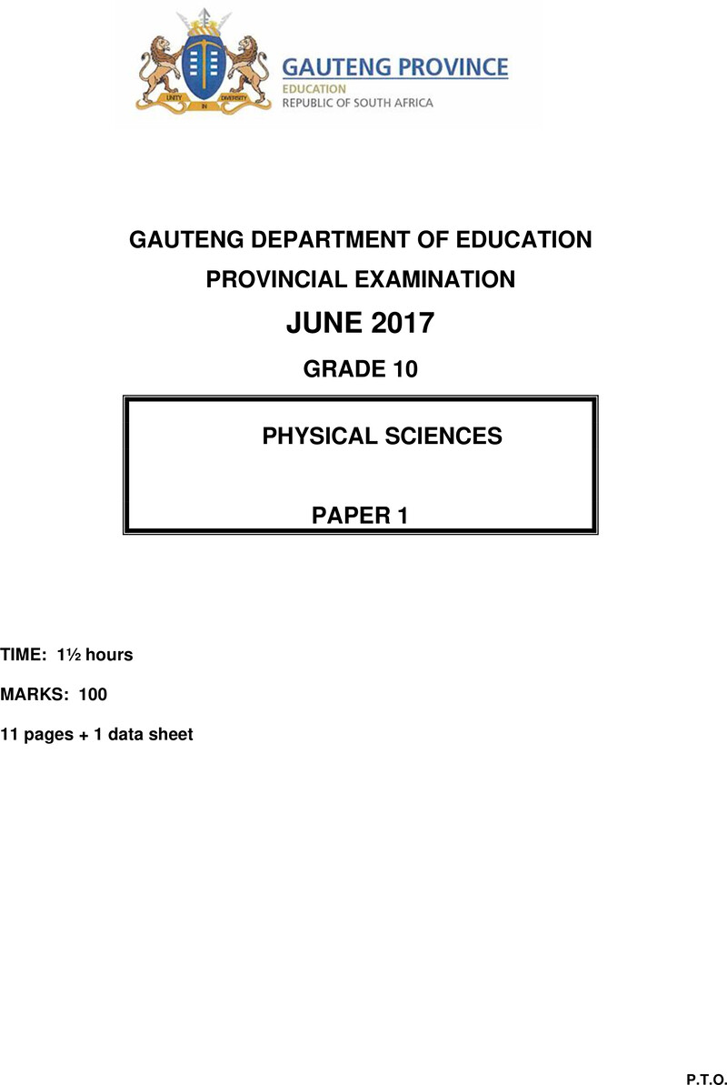 Grade 10 Provincial Exam Physical Sciences P1 Ng June 2017 QP