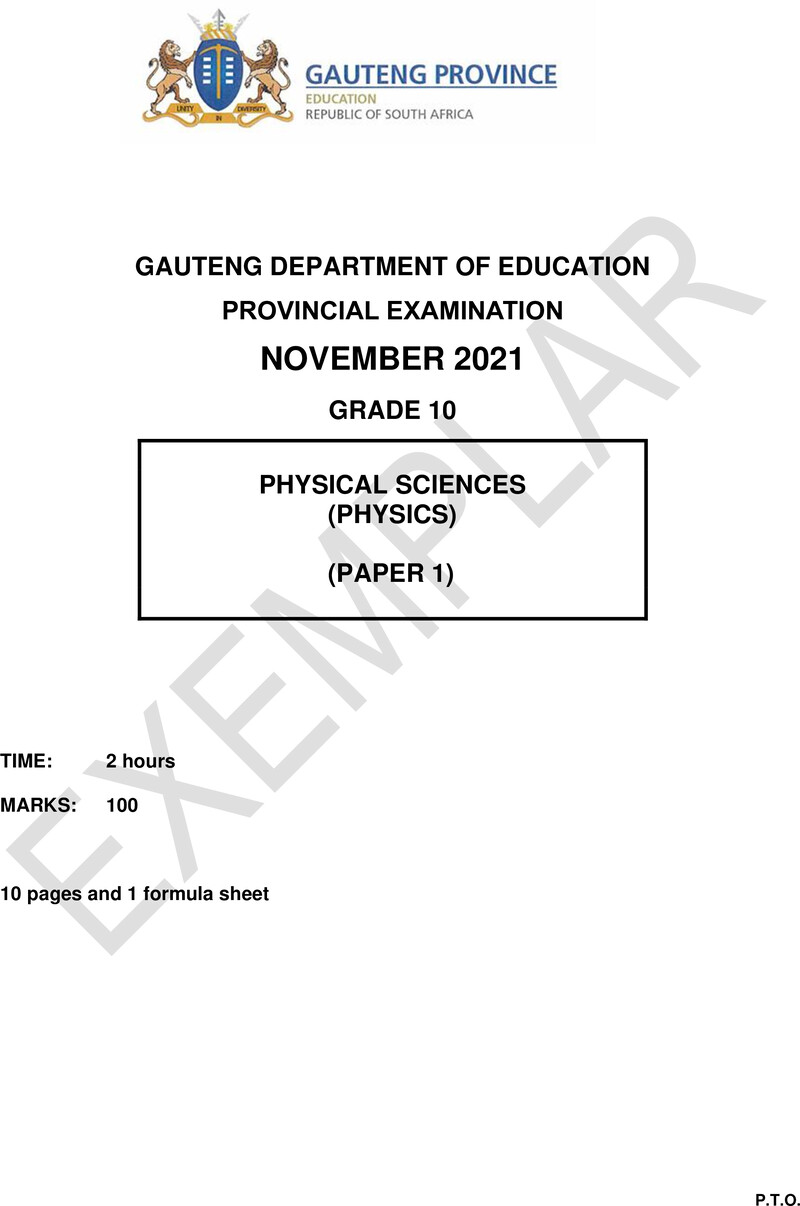 Grade 10 Provincial Exam Physical Sciences P1 Ng November 2021 QP