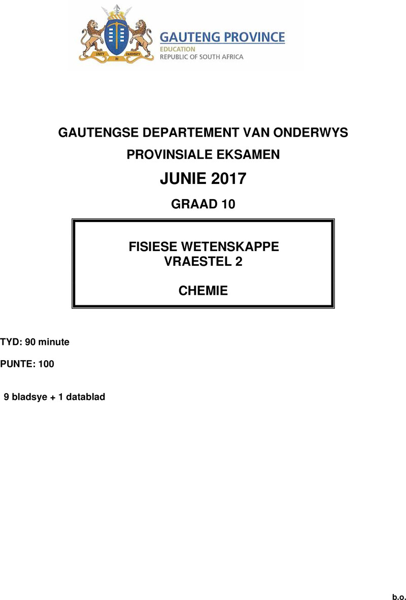 Grade 10 Provincial Exam Physical Sciences P2 Afr June 2017 QP