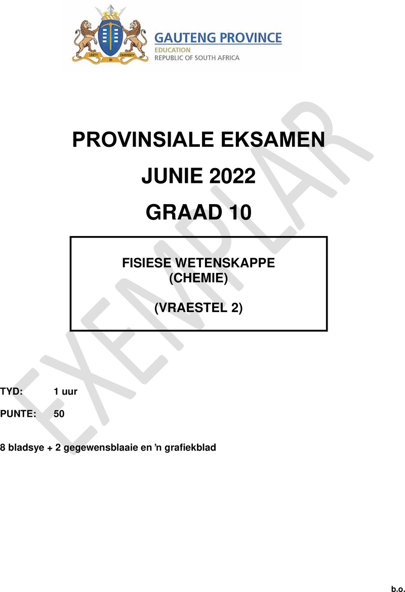 Grade 10 Provincial Exam Physical Sciences P2 Afr June 2022 QP