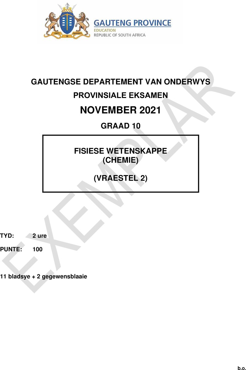 Grade 10 Provincial Exam Physical Sciences P2 Afr November 2021 QP