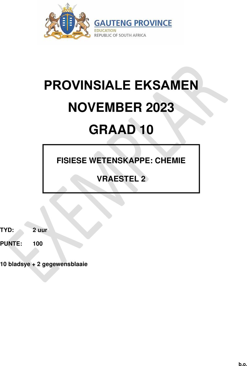 Grade 10 Provincial Exam Physical Sciences P2 Afr November 2023 QP