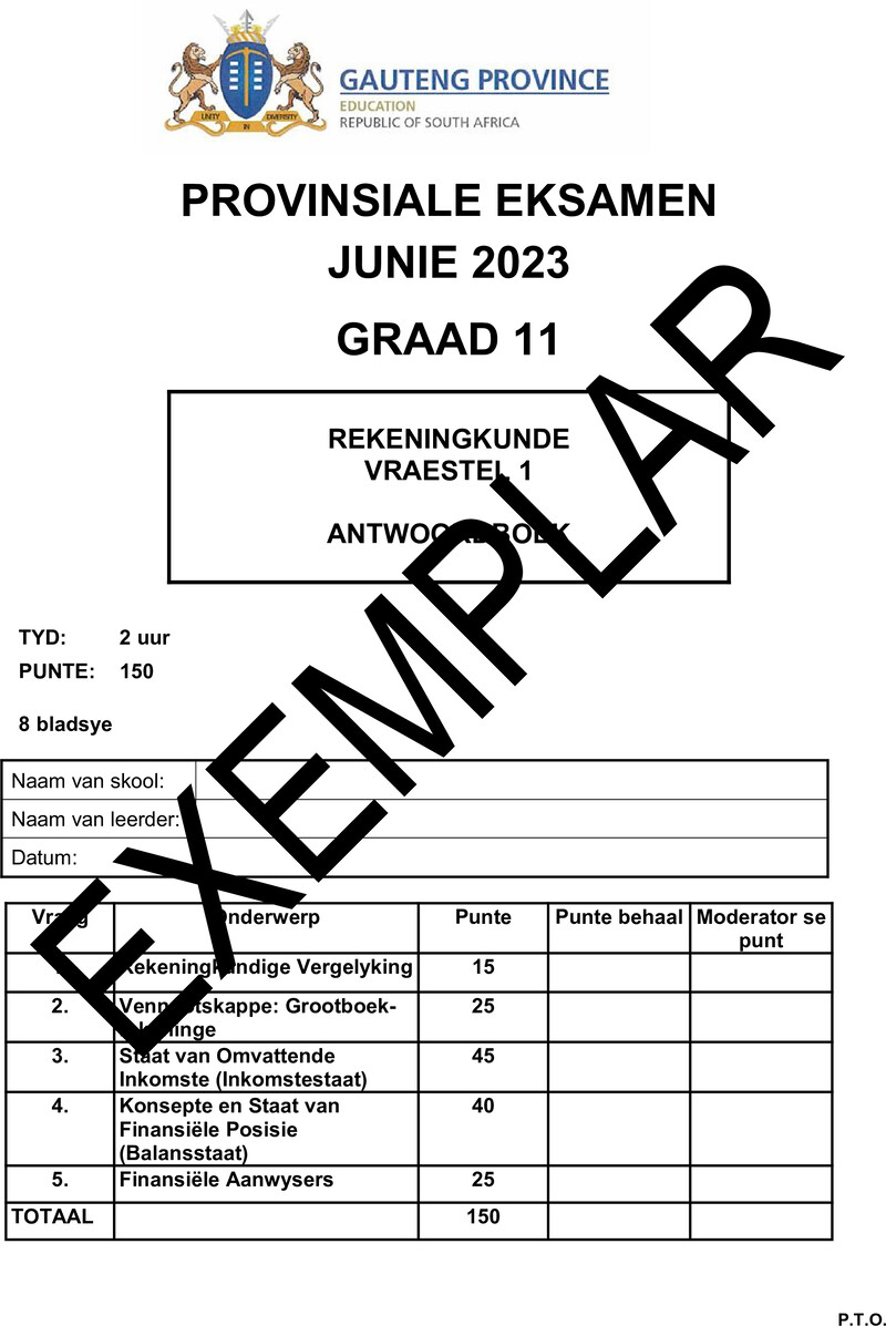 Grade 11 Provincial Exam Accounting P1 Afr June 2023 Answerbook