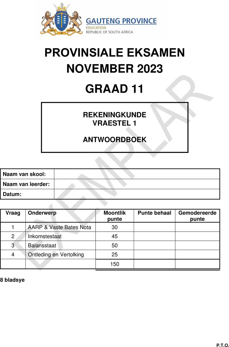 Grade 11 Provincial Exam Accounting P1 Afr November 2023 Answer Book