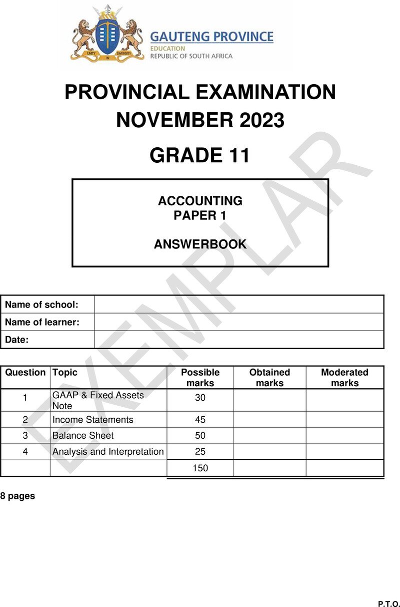 Grade 11 Provincial Exam Accounting P1 Ng November 2023 Answer Book