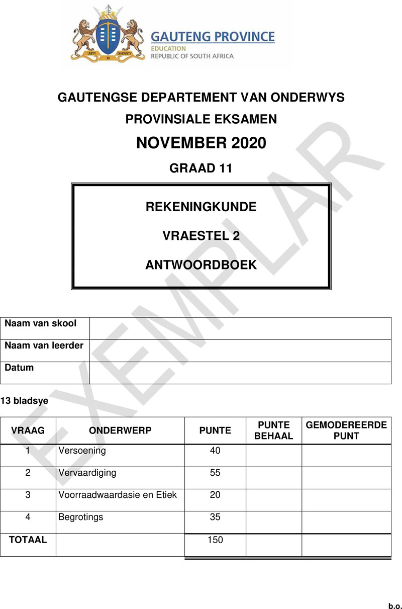 Grade 11 Provincial Exam Accounting P2 Afr 2020 Exemplars Answer Book
