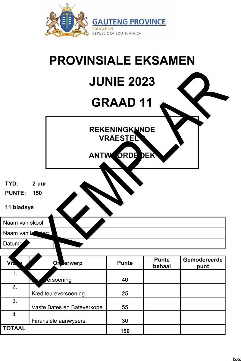 Grade 11 Provincial Exam Accounting P2 Afr June 2023 Answerbook