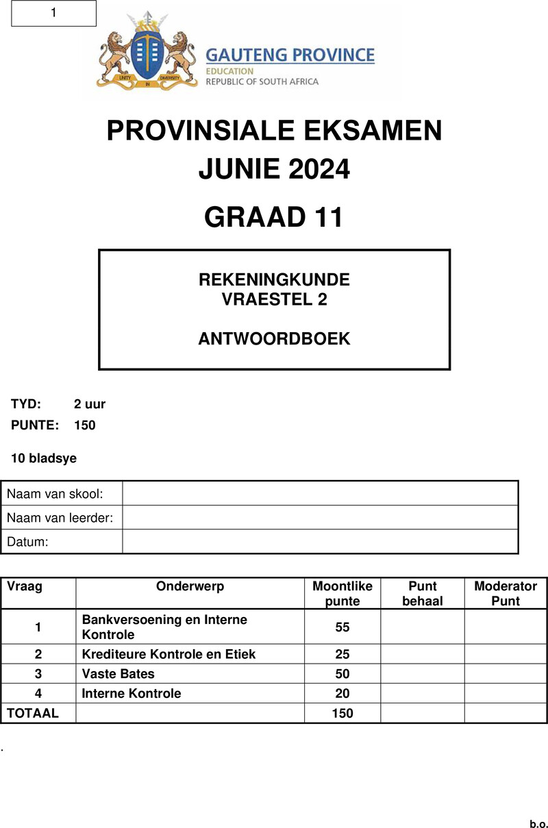 Grade 11 Accounting past paper 2024 – grade 11 provincial exam accounting p2 afr june 2024 answer book
